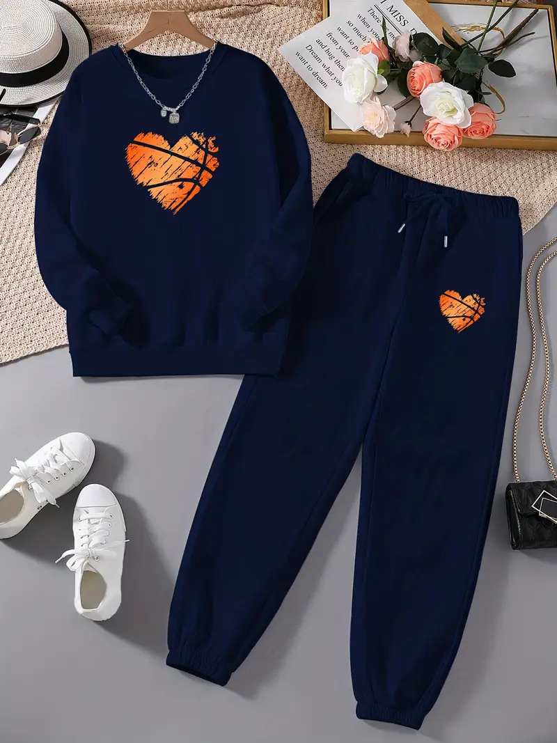 Women's Long Sleeved Heart Patterned Pant Set Casual Style_voghion.com
