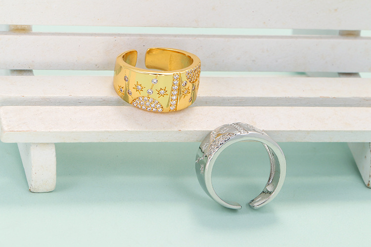 Fashion Style Retro Micro-inlaid Zircon Star Moon Opening Wide Copper Ring Wholesale Nihaojewelry