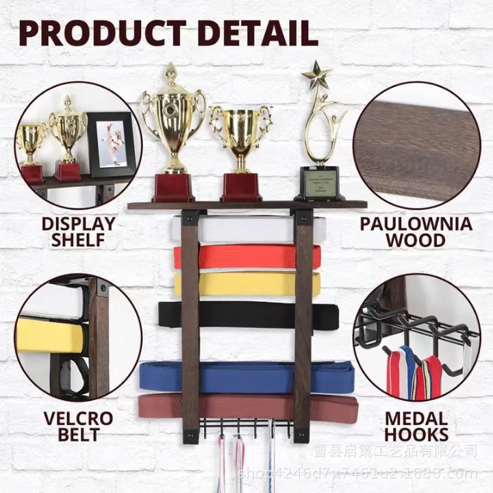 Home Wall Taekwondo Belt Wooden Storage Rack Karate Martial Arts Belt Rack Medal Hook Display Rack