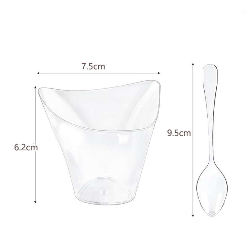 Taza de mousse de 100ml PS de plástico transparente 3,4 oz taza de pudín en caja taza irregular con cuchara en stock transfronterizo