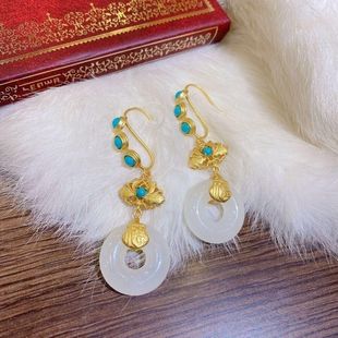 Natural Hotan White Jade Buckle Earrings Sterling Silver Gold Plated with Turquoise Earrings Ethnic Style Elegant Earrings for Women