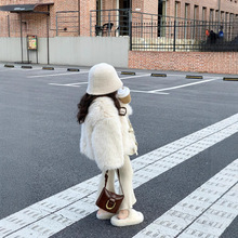 2023冬女童气质风托卡仿皮草夹棉加厚外套+针织喇叭裤套装分开拍