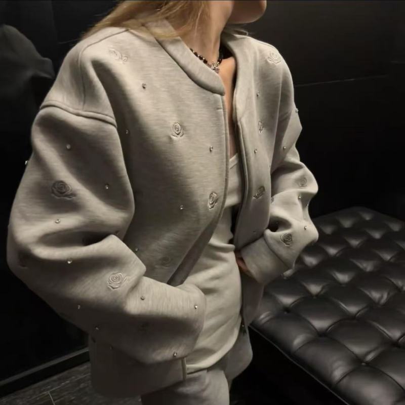刘掌柜感重工玫瑰烫钻拉链卫衣外套女2025早秋宽松上衣潮|undefined
