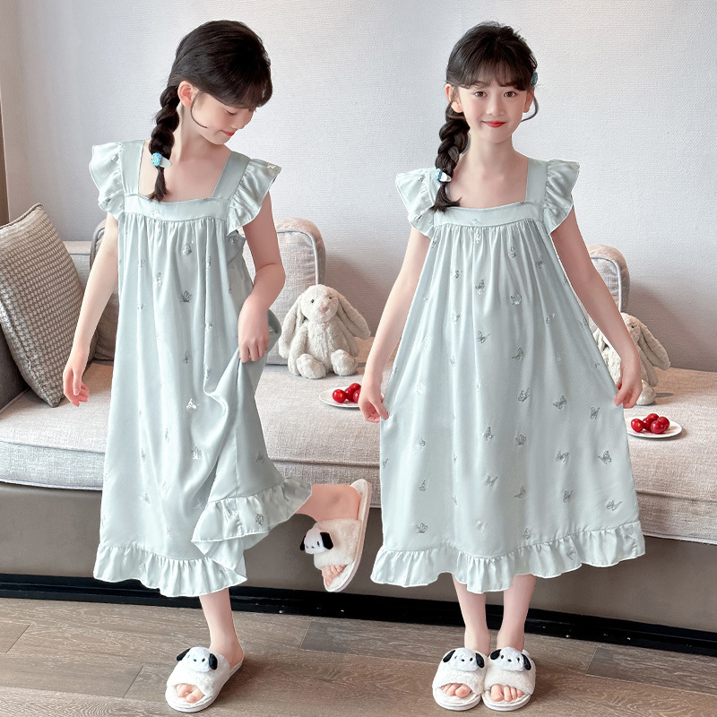 女の子ネグリジェ 2025 夏の新子供プリンセス氷と雪のシルクパジャマかわいいホーム服夏サスペンダースカート|undefined