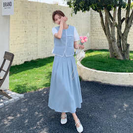 浅蓝色小香风蕾丝马甲半身裙三件套女夏季法式清纯奶甜时尚套装