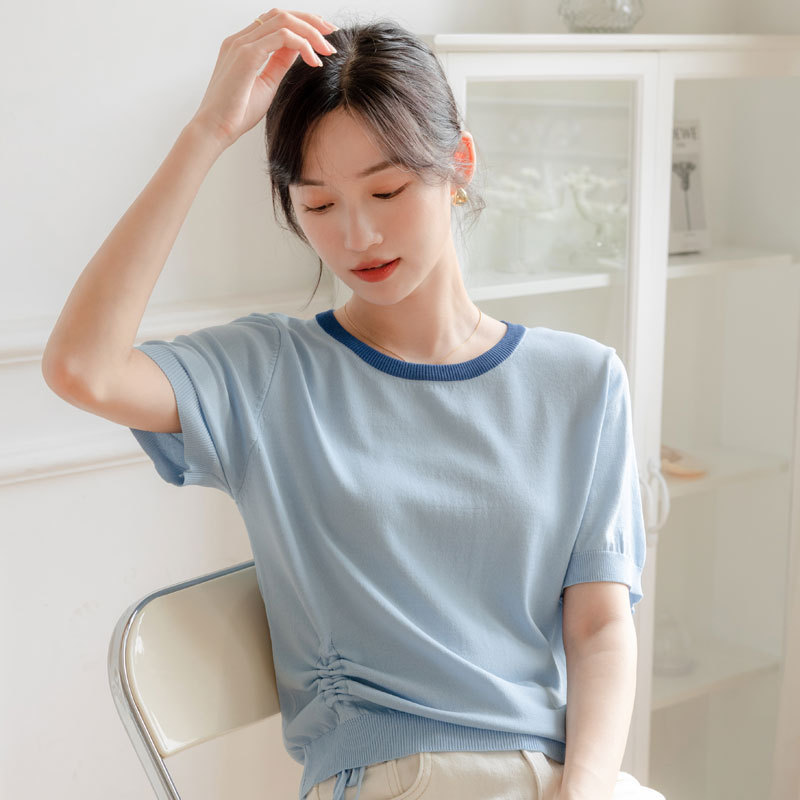 Short-Sleeve Knit Top, Thin Base Shirt for Women, Ice Silk Versatile Round Neck Solid Color Drawstring T-Shirt with Tie Design