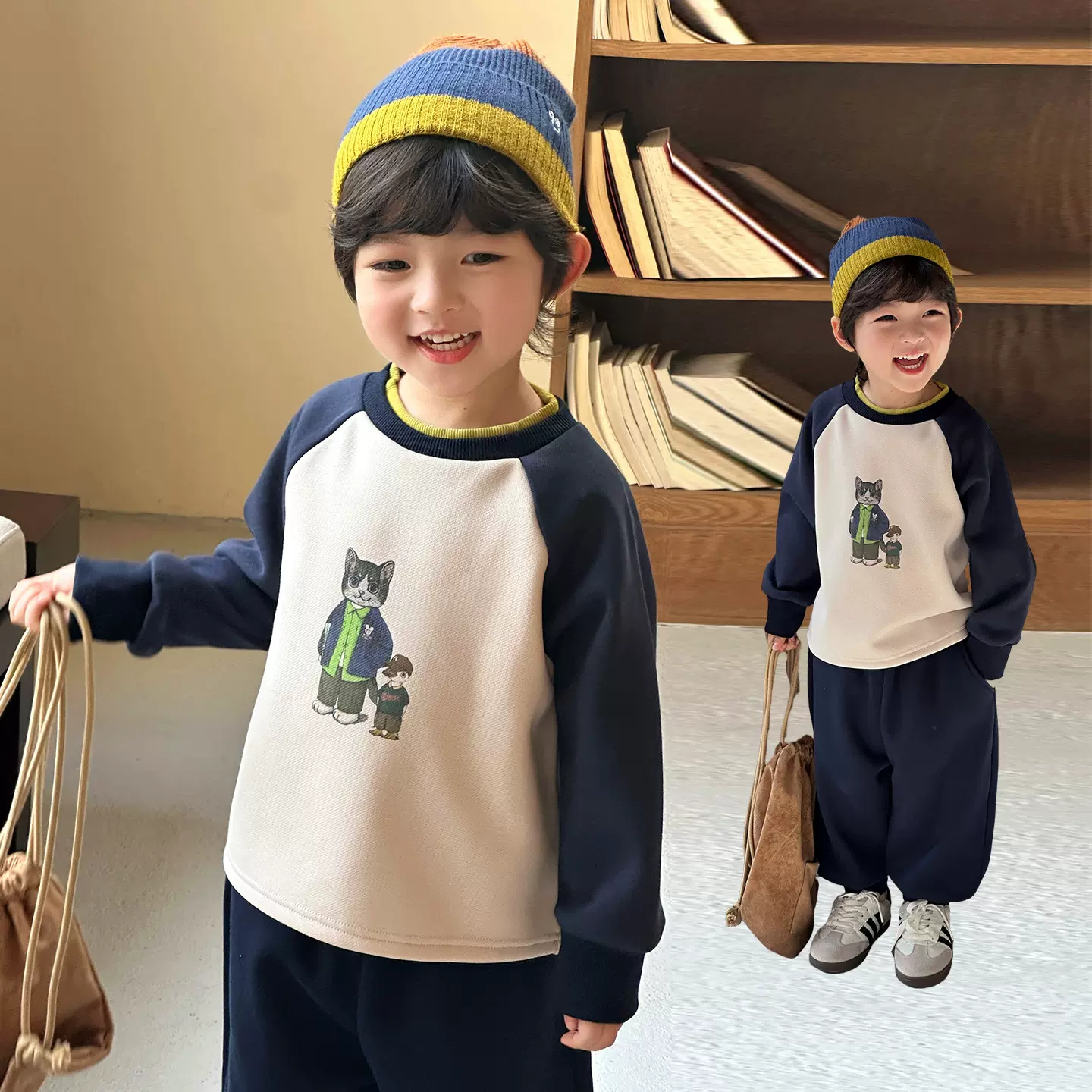 兰威丽洋男童加绒卫衣秋冬款2025新款儿童冬装男孩加厚长袖上衣潮