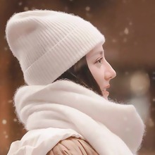 针织兔毛帽子冬女白鹿同款白色毛线帽秋冬季保暖冷帽女韩系显脸小
