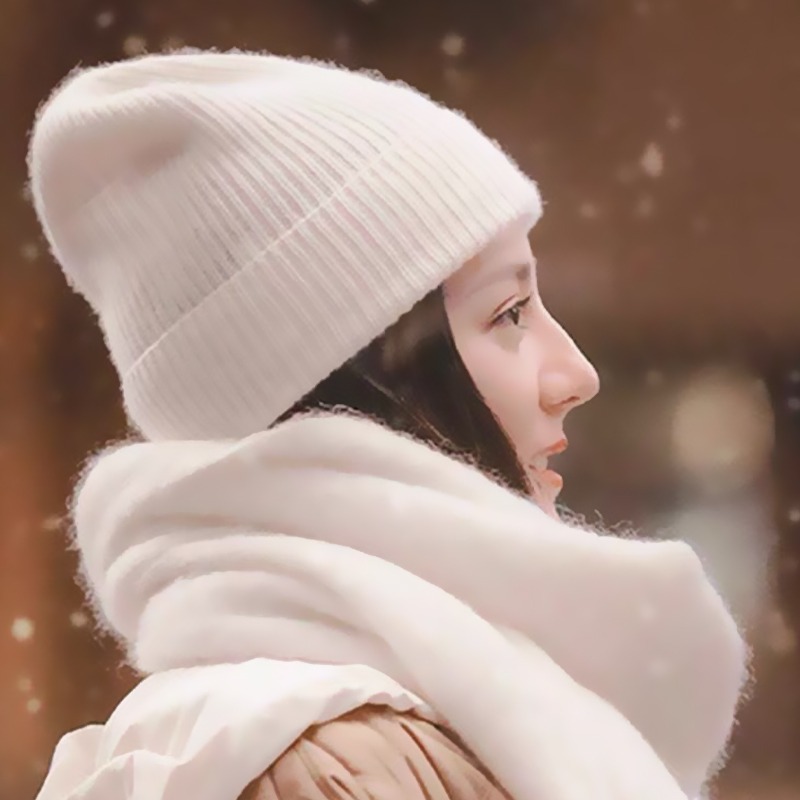 针织兔毛帽子冬女白鹿同款白色毛线帽秋冬季保暖冷帽女韩系显脸小