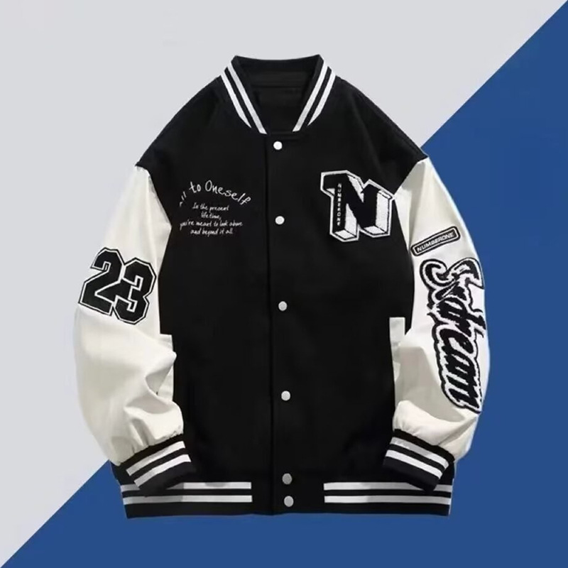 American-style trendy baseball jacket for men and women, perfect for spring and autumn. Features a sophisticated boyfriend print, color blocking, and a relaxed, casual fit.