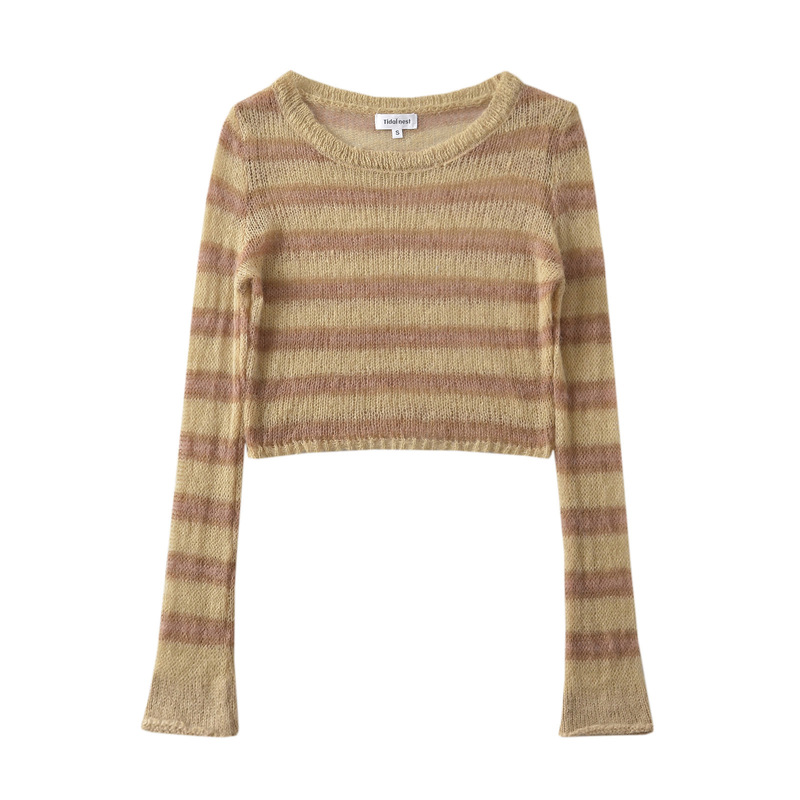 European and American style contrast color striped long-sleeved sweater women's 2023 autumn hot girl thin slim-fit short top European and American style contrast color striped long-sleeved sweater women's 2023 autumn hot girl thin slim-fit short top