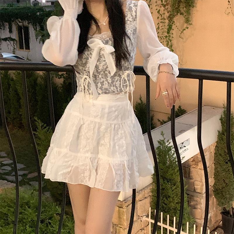 Niche Design Sense Scheming Chic Shirt Women's Sweet Atmosphere Lace Thin High Waist Short Top Women's Shirt