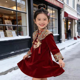 女童汉服连衣裙加绒女孩红色丝绒裙冬装新款儿童中国风拜年服裙子