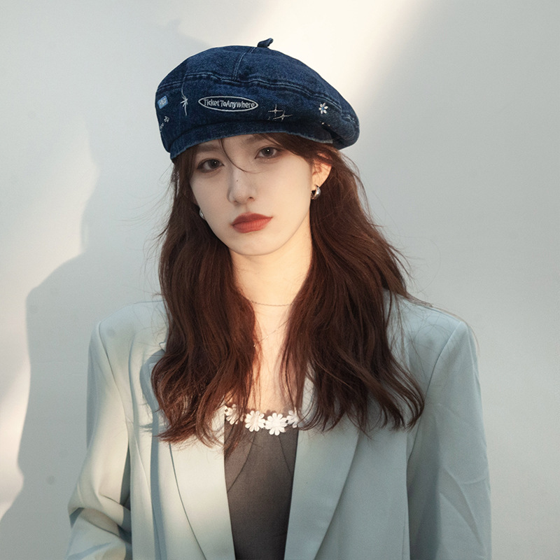 Boina de vaquero con bordado de letras mujeres verano y otoño estrellas calabaza gorra pintor gorra grande cara gorra pequeña