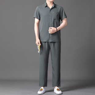 Мужской летний шелковый комплект, ханьфу, одежда для пожилых людей, топ, короткий рукав, китайский стиль, для среднего возраста