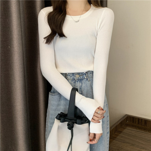 Women's winter and autumn sweater inner layer crew neck ribbed design fashionable and trendy long sleeve knitted top