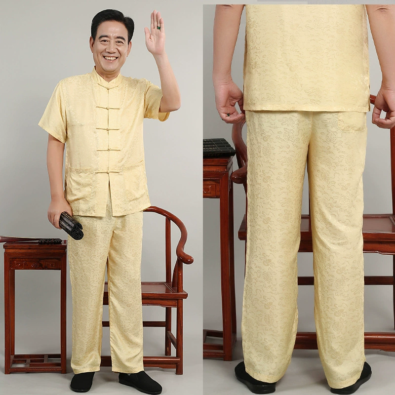 Летнее платье из шелка тутового дерева, костюм, платье Тан для людей среднего и пожилого возраста, мужское летнее платье в китайском стиле для 50 лет, дедушка с короткими рукавами, отправляет папу 3107
