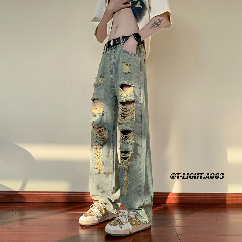 Ripped Jeans Men's Summer Thin American Style hiphop Washed Used Pants High Street Fashion Brand plus size Straight Pants