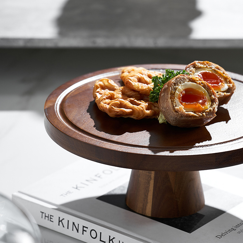 Vintage Acacia dulces dulces pan bandeja de bocadillos alta pie pastel estante sala de estar bandeja de frutas almacenamiento de bocadillos