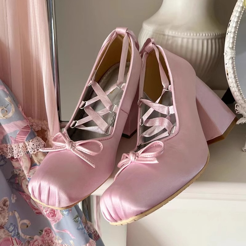 Satin Ribbon High Heels 2025 New Ballet French Girl Bow Cross Lace-up Mary Jane Shoes Pumps
