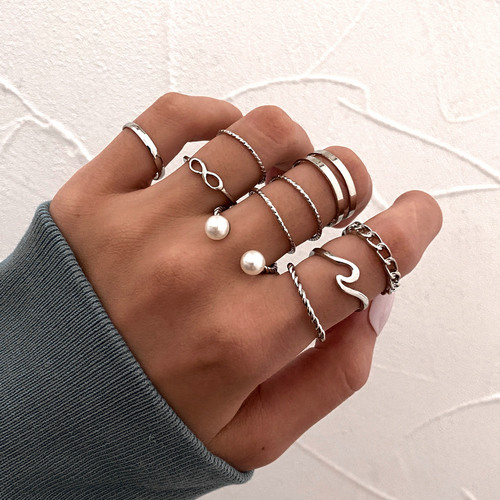 Eurasian Cross-border Ins Cold Style Alloy 10-Piece Ring Set Creative Simple Pearl Joint Ring Gold