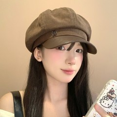 韩版时尚ins灯芯绒皮檐八角帽子女春秋新款百搭显脸小遮阳贝雷帽