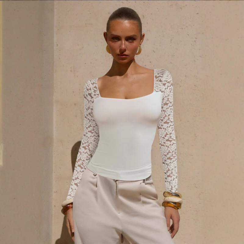 European and American Cross-Border Summer Sexy Hottie New Women's Clothing U-Neck Lace Women's T-Shirt Slim Slim Long-Sleeved Top