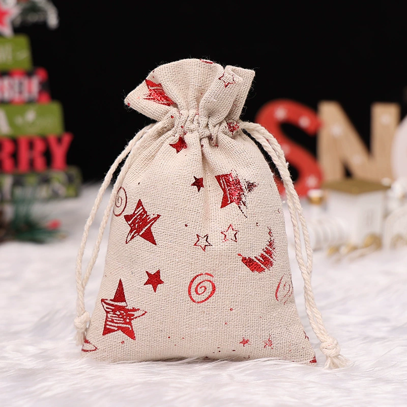 Сумка- gift с завязками из хлопка и льна, размеры 10×14 см и 13×18 см, праздничные принты к Рождеству
