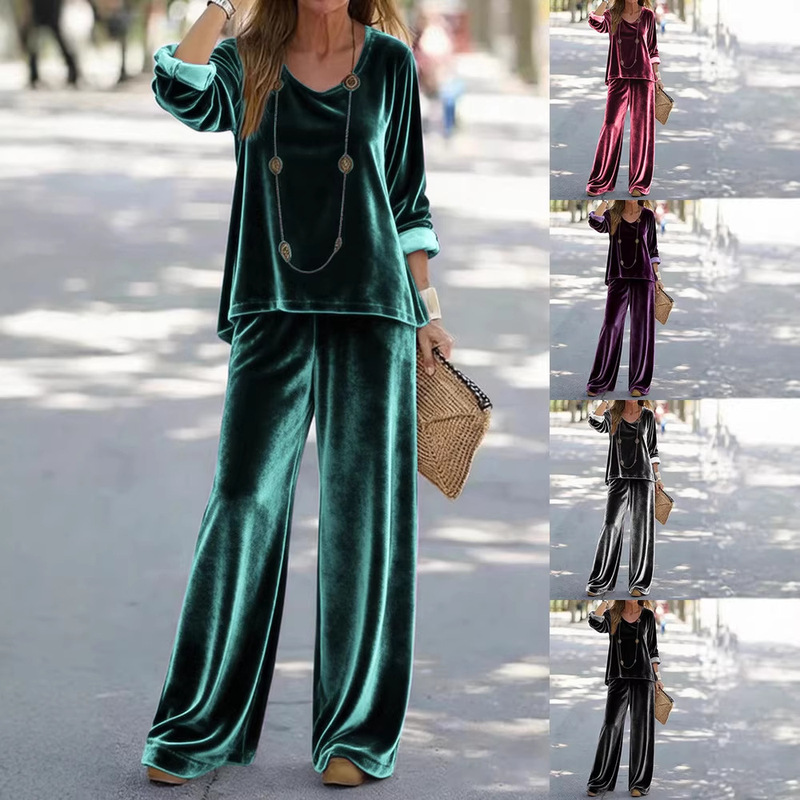 2025 New Foreign Trade Cross-Border Women's Clothing Casual V-Neck Pullover Long-Sleeve Velvet Multi-Color Women's Set