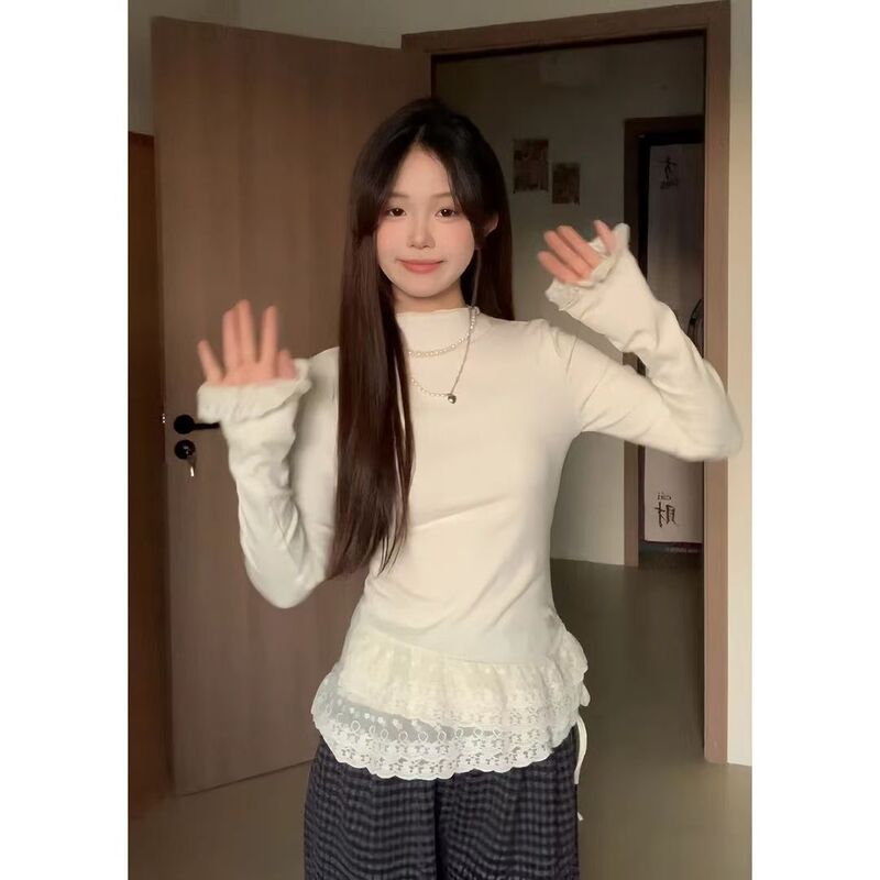 Cream White Double Lace Stitching Semi-high Collar Long-sleeved T-shirt Women's Autumn and Winter Slim-fit Drawstring Inner Base Shirt Top