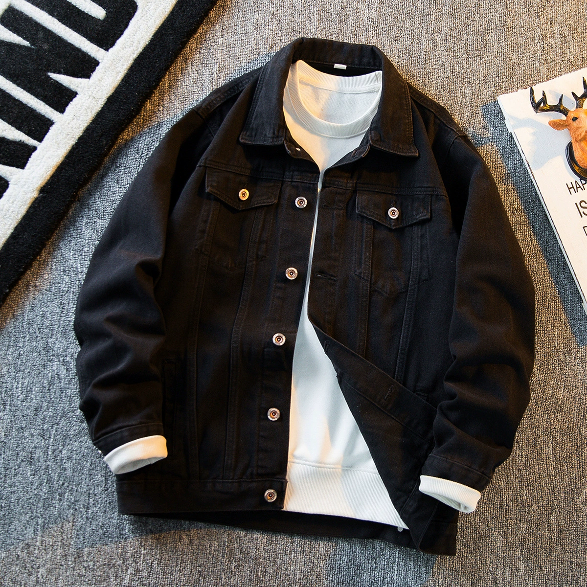 Премиум чувство красивый черный джинсовый пиджак мужской весенний и осенний ретро свободный тренд повседневная куртка для мальчиков