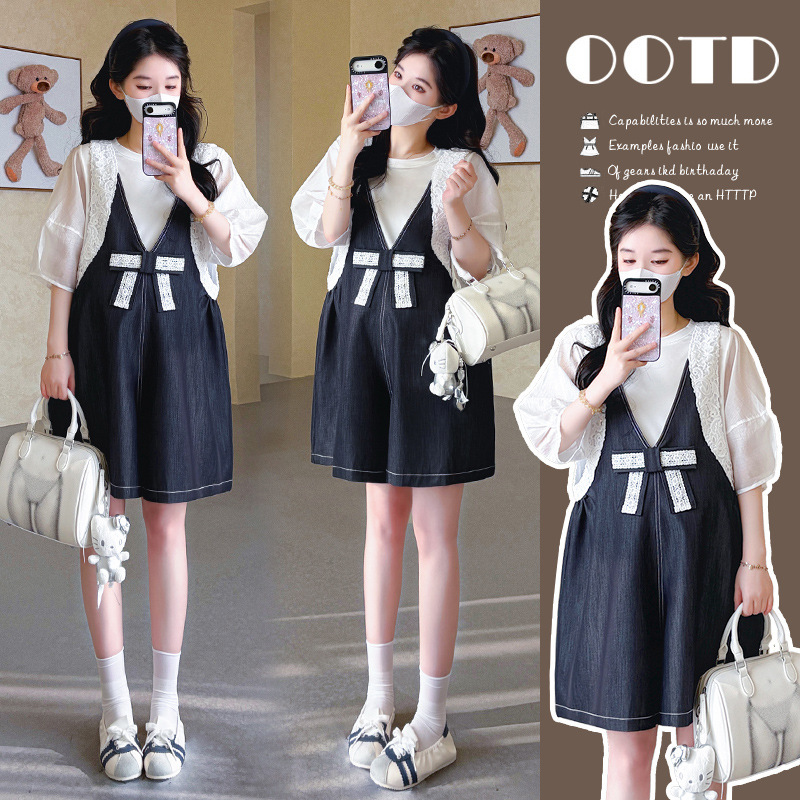 Trendy Maternity Set for Summer: Sweet and Youthful Bow-Knot Lace Patchwork Overalls and Top, Cute Plus-Size Slimming Style
