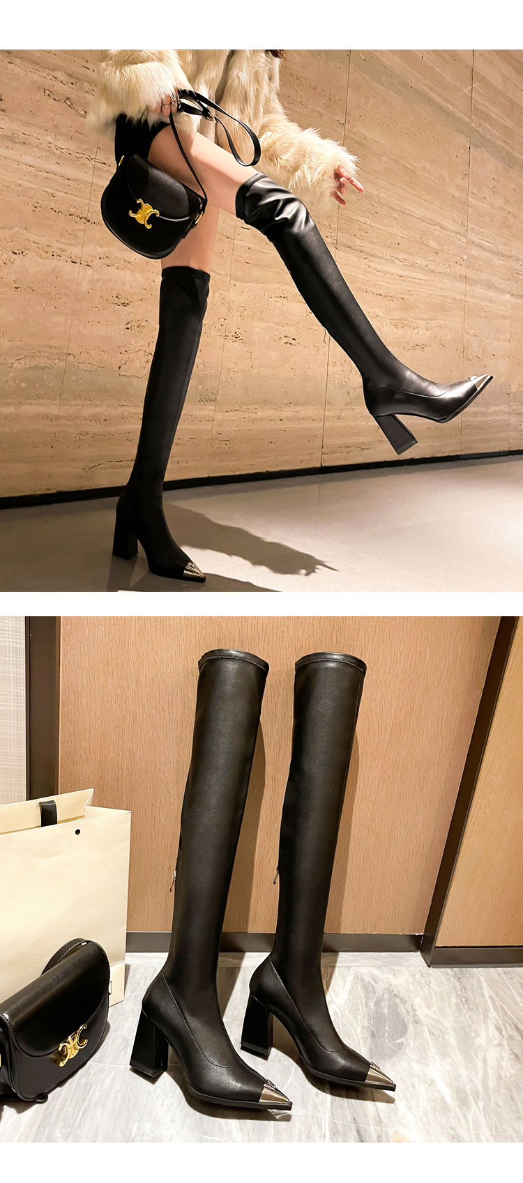 Boot nữ cổ cao quá gối da lộn mũi nhọn kim loại gót 8cm miệng chữ V — Lớp lót da lộn màu đen chi tiết 26