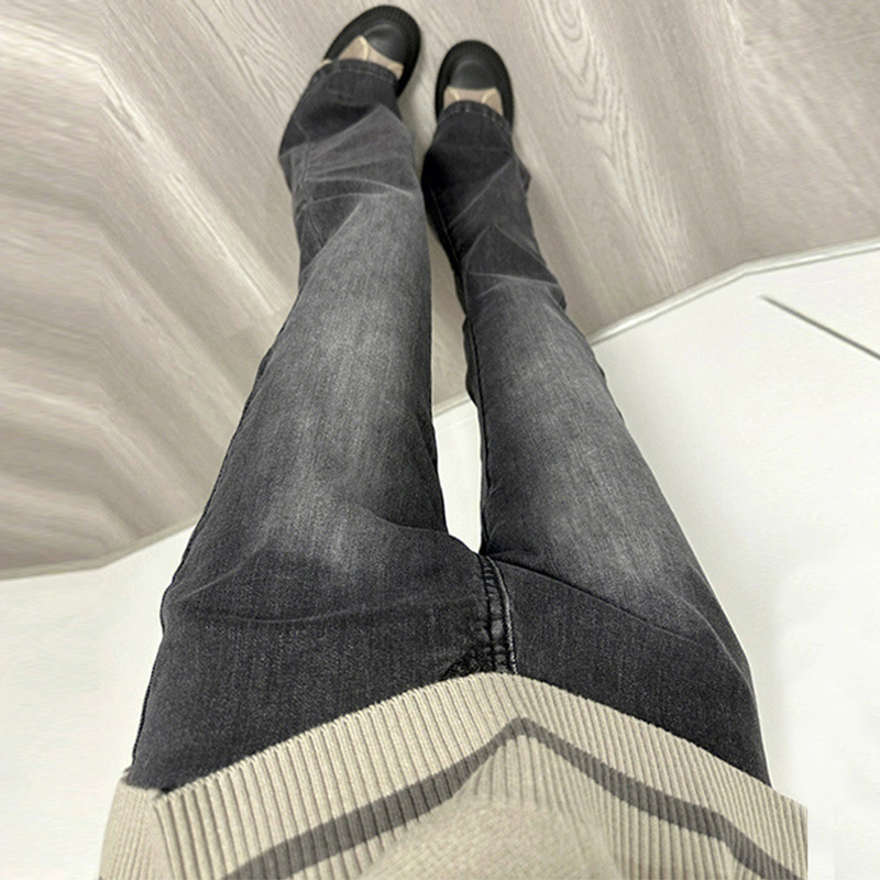 Women's High Waist Stretch Flared Jeans - Vintage Black Gray Bootcut Pants For Spring, Straight Leg To Floor Length_ecoleips.com