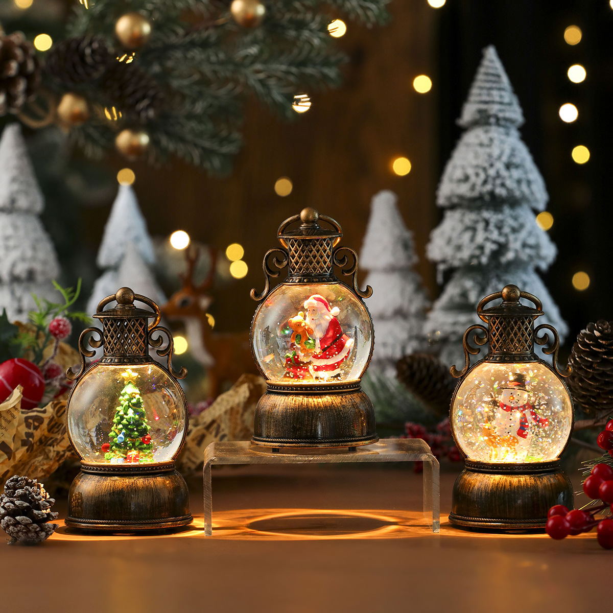 USB con música, nieve, adornos de resina luminosa navideña, adornos navideños, inyección de agua, cepillo portátil, luz de caballo dorado
