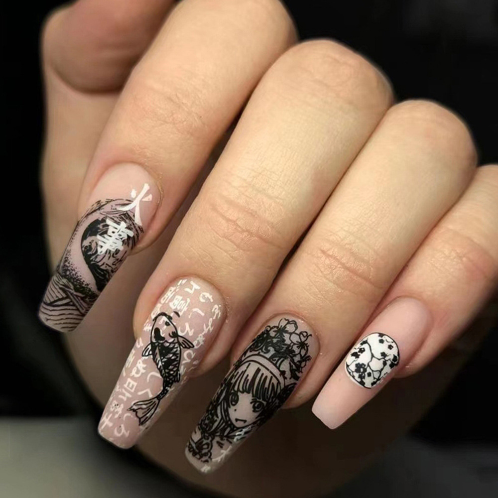Europa y los Estados Unidos largo venta caliente desgaste de uñas ondas de graffiti koi girl nail patch transfronterizo explosión parche de uñas falsas