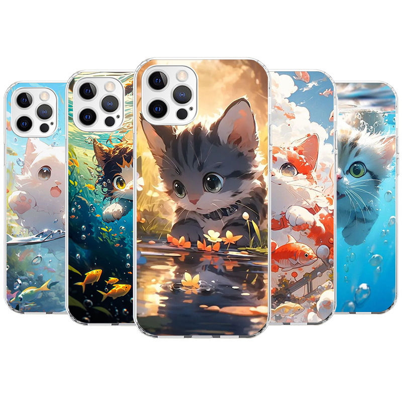 For Apple mobile phone case cartoon cute cat fish aesthetic mobile phone case Apple iPhone 11 12 13 15 1
