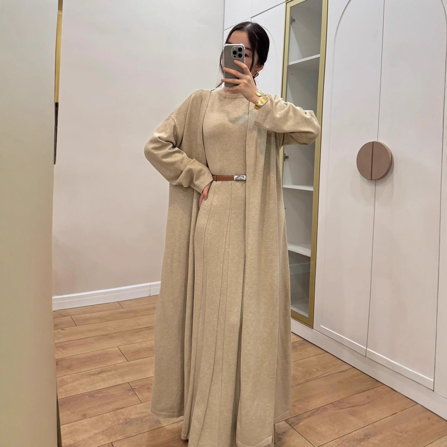 2025 Autumn New Cross-Border European and American Foreign Trade Women's Round Neck Dress Cardigan Long Jacket Fashion Slim Two Pieces