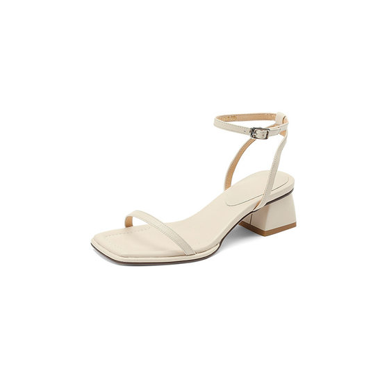 Summer new simple one-strap ankle strap square toe open toe chunky heel cowhide mid heel plus size fashion sandals