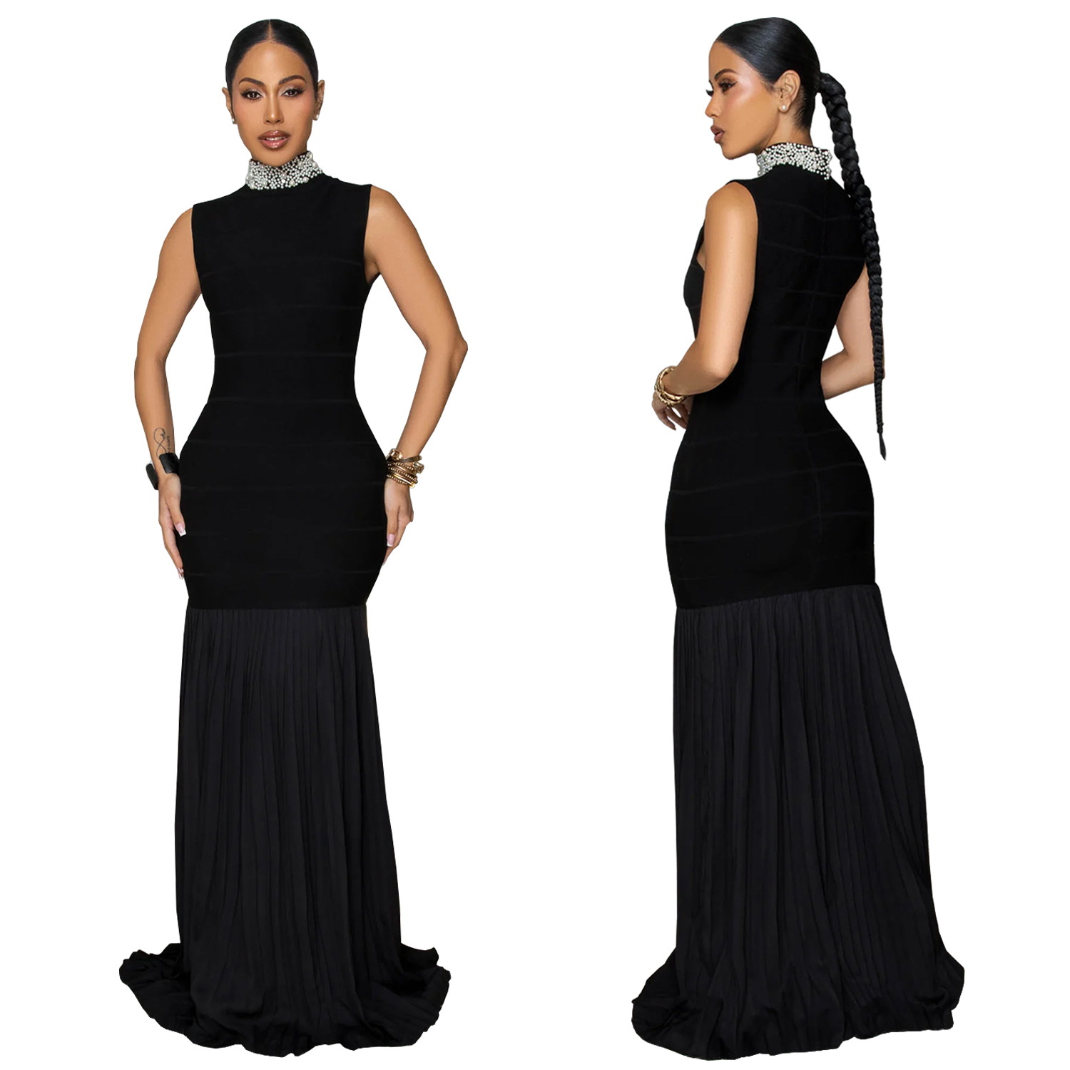 C7409 Cross-border AliExpress Amazon Moda europea y americana Ropa de mujer costura plisada temperamento delgado vestido de cuentas image 6