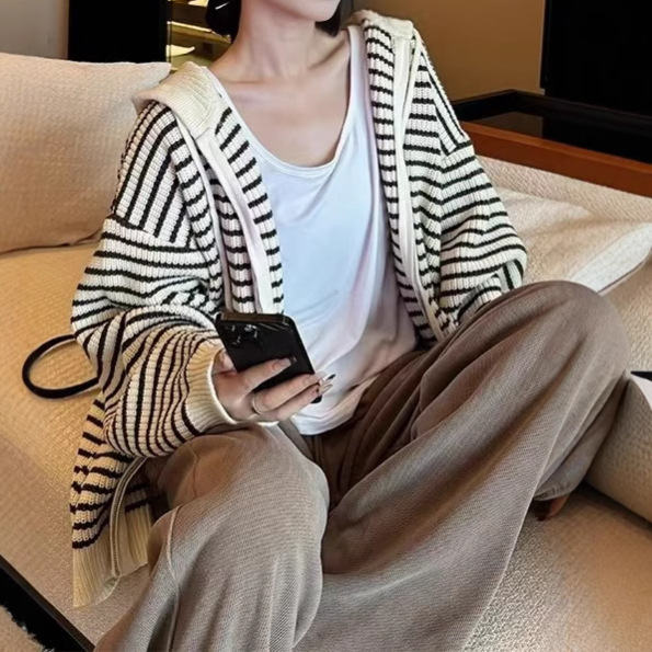 杏色抽绳连帽条纹针织开衫女2025新秋季韩版宽松百搭上衣外套|undefined