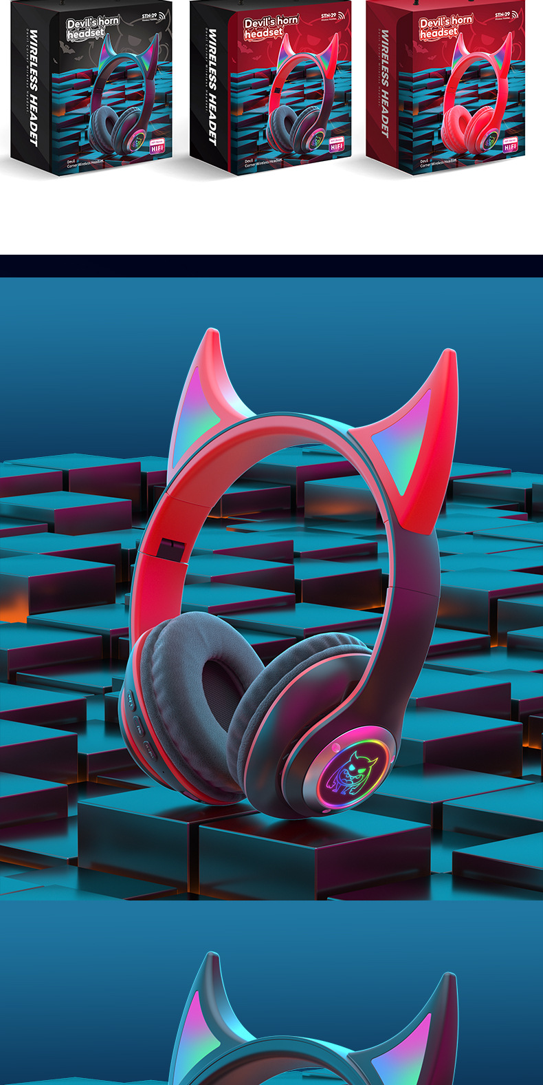 Glänzende und stilvolle Bluetooth-Kopfhörer mit Teufelskopf-Design, hochauflösende und klare Soundqualität, Sport-Gaming-Kopfhörer mit langer Akkulaufzeit