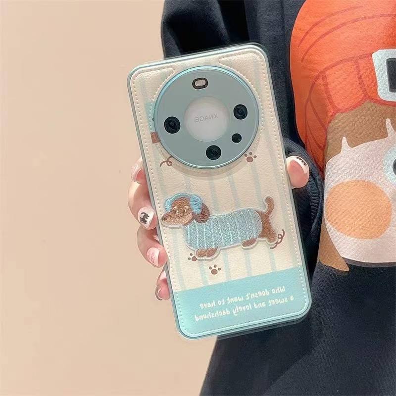Perro salchicha bordado a rayas azules estilo ins para Huawei Mate60Pro funda para teléfono móvil P70 hembra 70Pro nuevo