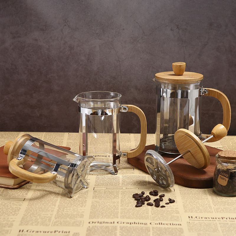 Portable Coffee Pot, Bamboo Wood, High Borosilicate Glass, French Press Pot, Hand-Brewed Coffee Equipment, Cross-Border Hot-Selling Moka Pot