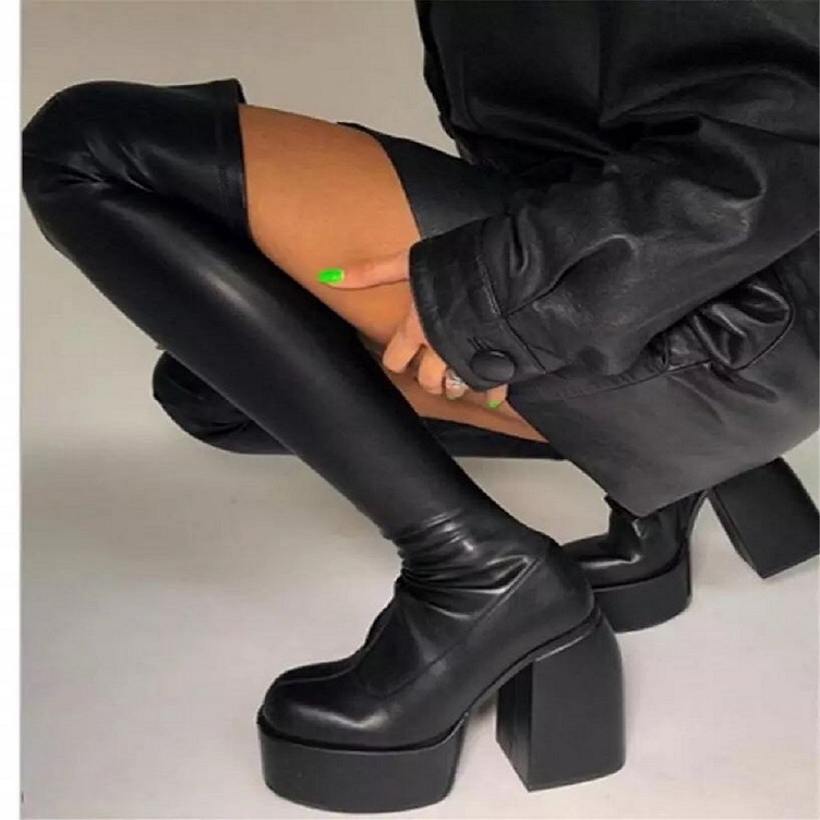 Demi-season elastic polyurethane high boots square toe