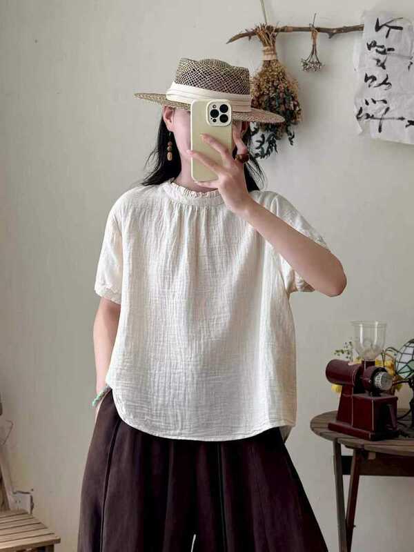 Japanese Style Mori Girl Solid Color Stand Collar Lace Women's Loose Pullover Short-Sleeve Shirt Wholesale