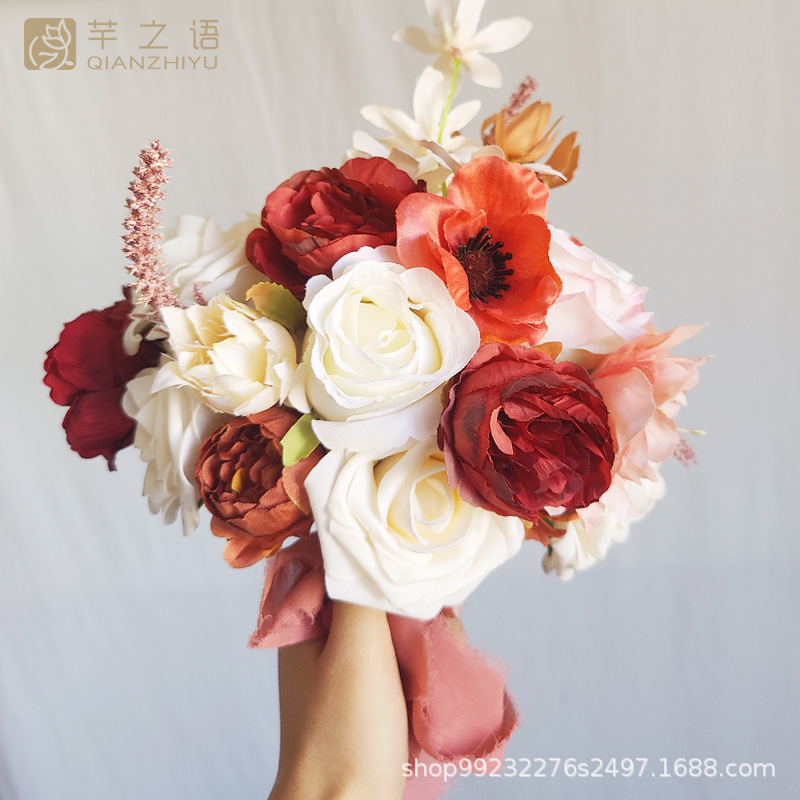 亚马逊热销仿真绢布礼盒花婚礼庆典仪式用品新娘伴娘手捧装饰玫瑰