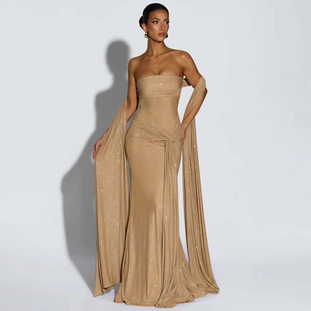 European and American Foreign Trade Hot-Selling New Banquet Evening Dress Sexy and Elegant Tube Top One-Line Collar Slim Silver Dress for Women