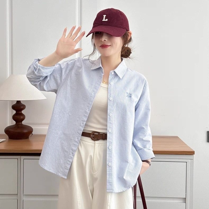 Oxford Vintage Blue Embroidered Striped Long-Sleeve Shirt 2026 Spring and Autumn New Sun-Protective Loose Shirt Jacket for Women Oxford Vintage Blue Embroidered Striped Long-Sleeve Shirt 2026 Spring and Autumn New Sun-Protective Loose Shirt Jacket for Women