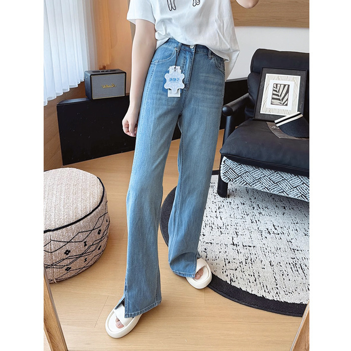 スリムストレートゴブレットパンツ！女性のためのスリムサイドスリットマイクロフレアパンツ夏四面弾性アセテート薄いストレートジーンズ|undefined